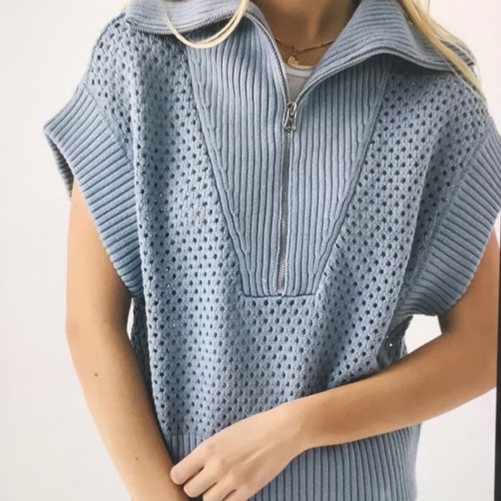 Magaschoni Light Blue 1/2 Zip Knit Sweater Vest